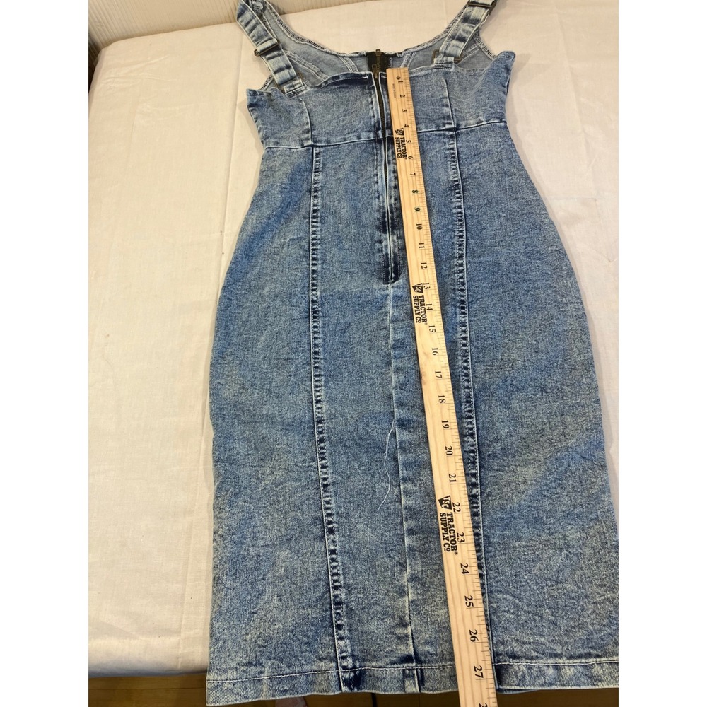 Womens Acid Wash Denim Bodycon Dress Blue Sleeveless Size Small Front Slit Zip - Picture 2 of 8